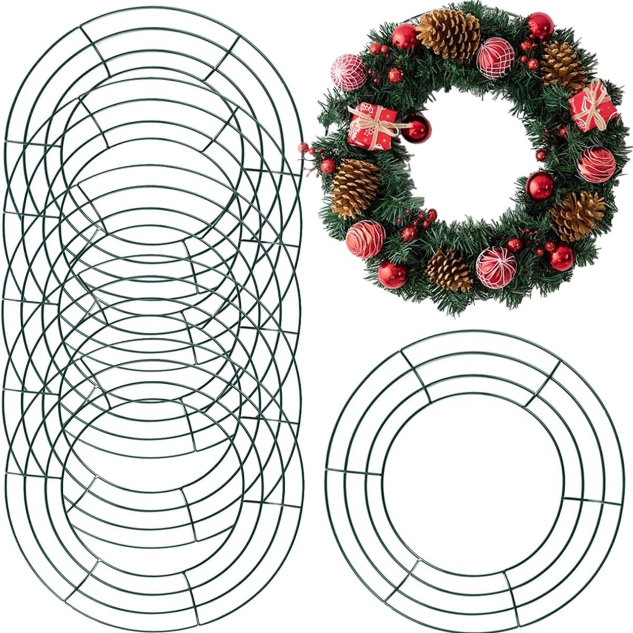 6PCS 10” Wire Wreath Frame Round Metal Wreath Form for Crafts & Floral Decorations on Weddings Christmas Home Party Celebrations, Dark Green
